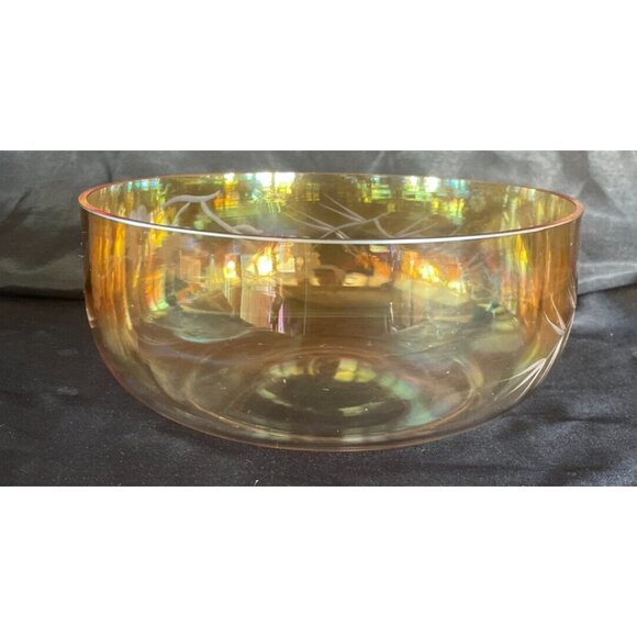 Vintage Mid-Century Amber Iridescent Glass Bowl – 8.5" Etched Floral Design - Picture 2 of 8